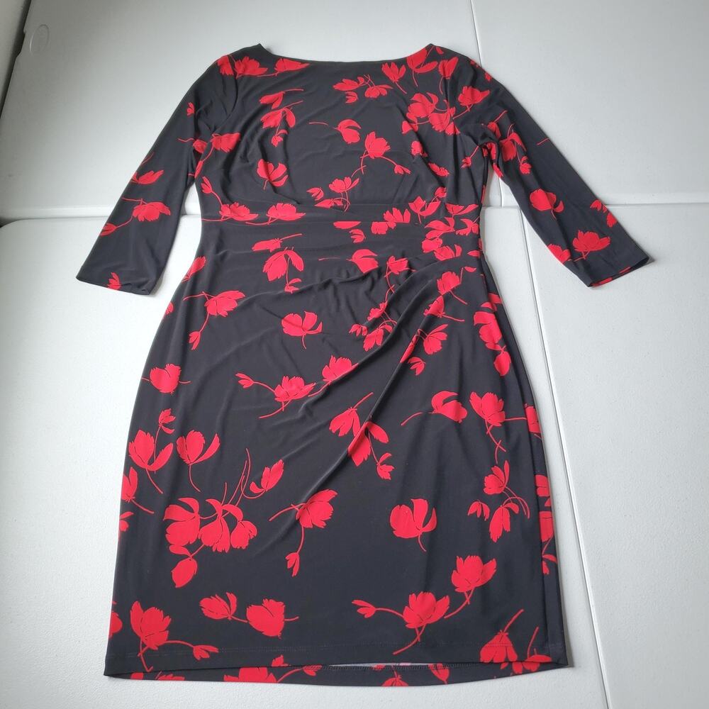 Lauren Ralph Lauren Dress Womens 12 Black Red Floral Ruched Sheath Knee Length